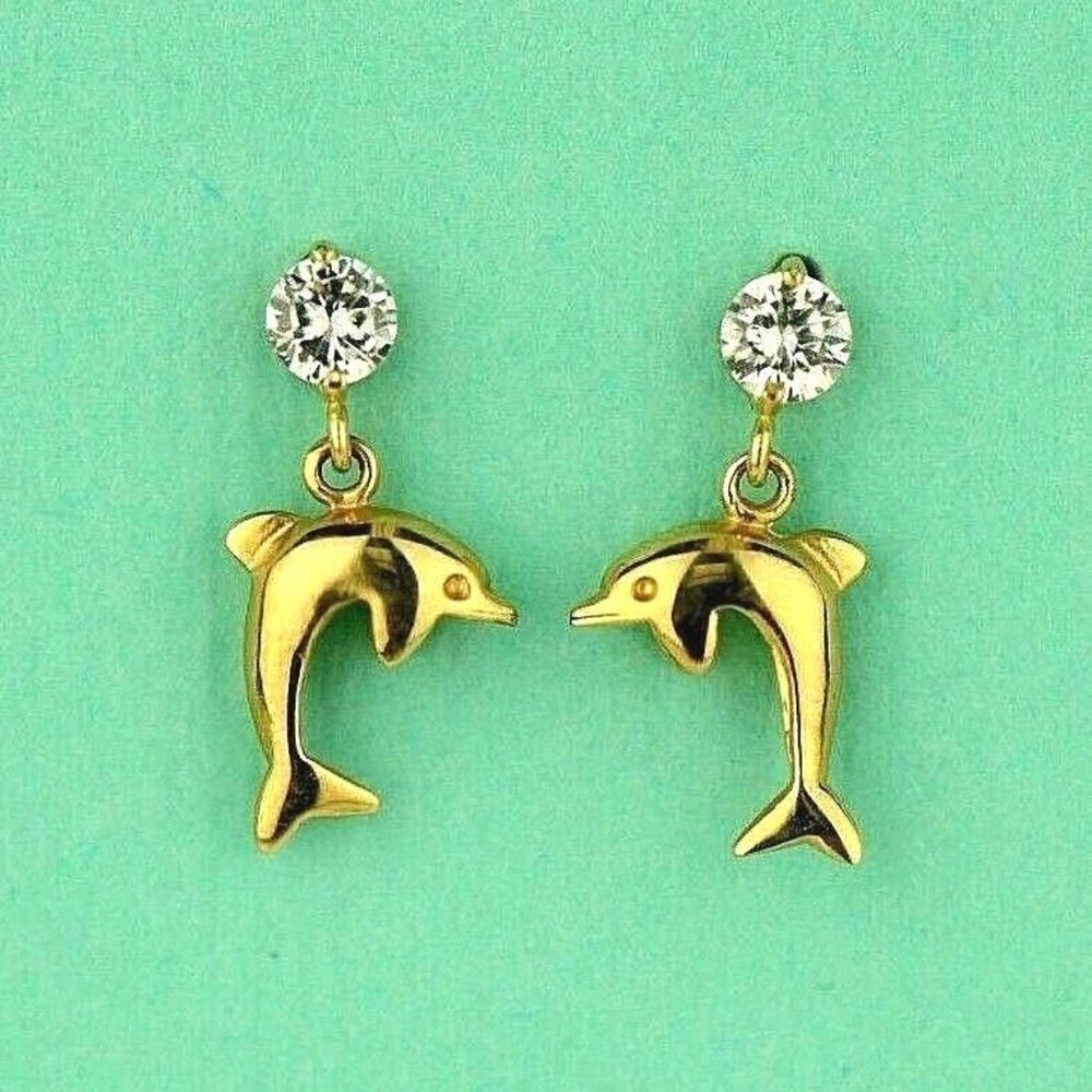 14k Solid Gold Dolphin Screw Back Stud Earring Wi… - image 1
